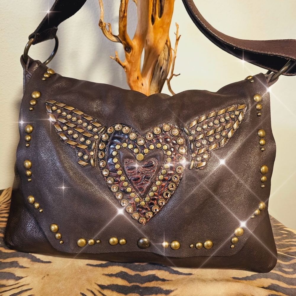LEATHEROCK Swar. Emb. Wings Heart Handbag EUC